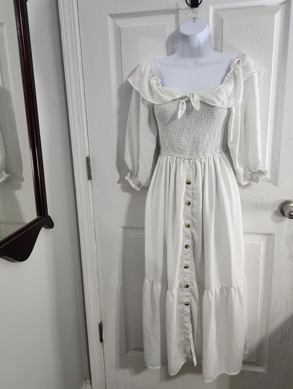 Margaux Riviera SM white smocked midi dress Edwardian cottagecore milkmaid